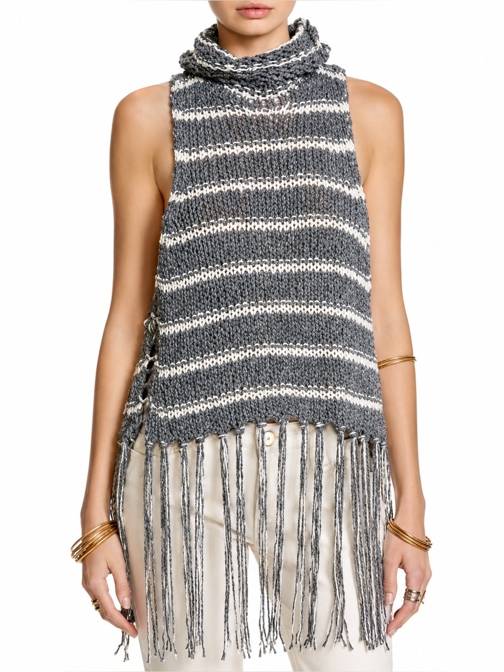 Free People Folksong Fringe Knit Vest Tunic Gray Stripe Boho Cowl Neck M